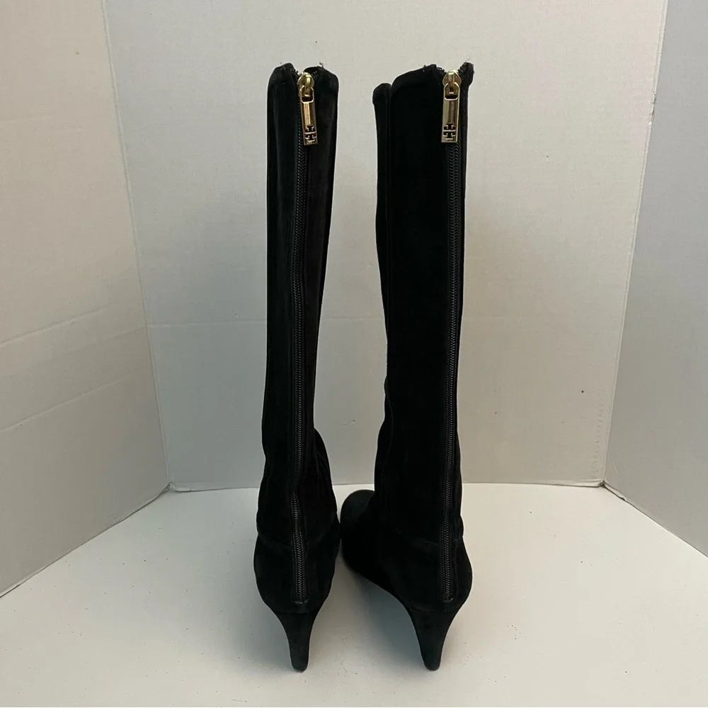 Tory Burch Boots Irene Wedge Tall Softy Suede Leather Logo Black